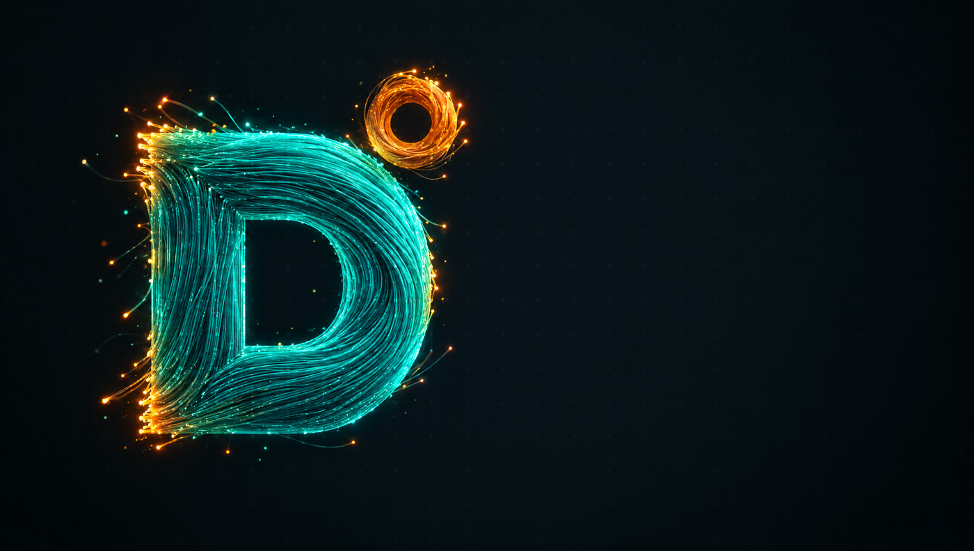 فريم النهاية: حرف D من خيوط teal مع حلقة amber فوقه